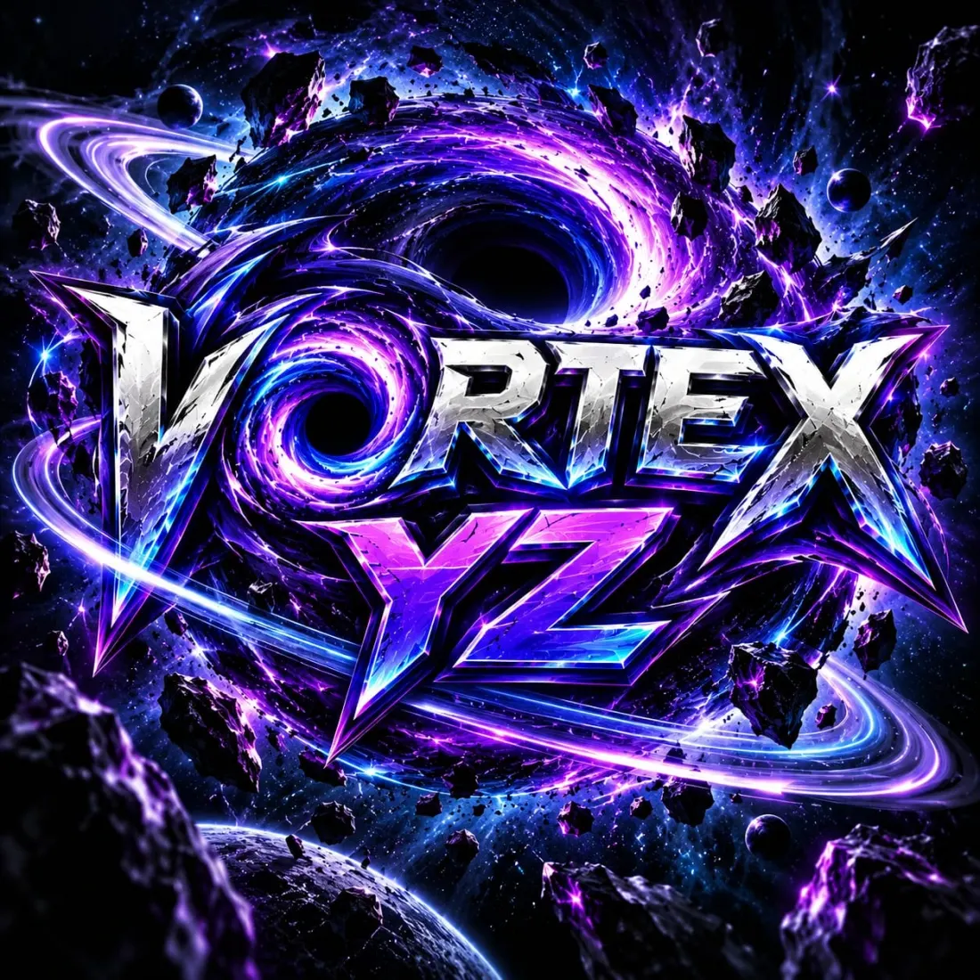 Logo de VortexYZ: letras cromadas sobre un vórtice